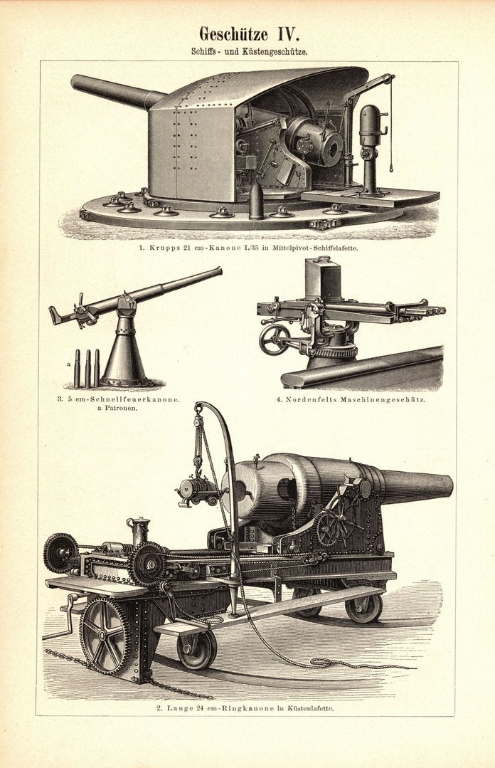 Geschütze III-IV, Schiffsarmierung. Buchillustration (Stich) von 1895