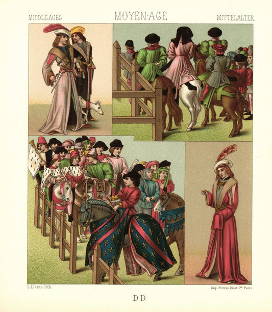 Mittelalter. 15. Jhd. Turnier. Zivile Kleidung.  Falkner.  Lithografie von 1888. (T221)