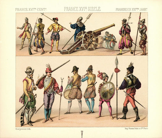 Frankreich. Landsknechte, Musketier, Schweizer Artillerist, 16. Jhd. Lithografie von 1888. (T257)