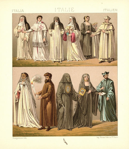 Italien. Religiöse Kleidung, Bettelorden, 17. Jhd.  Lithografie von 1888. (T332)