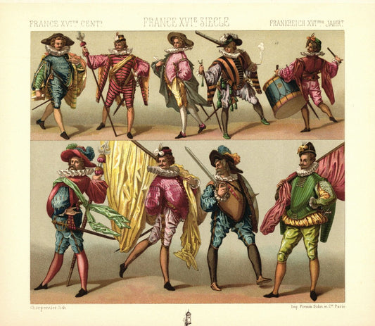 Frankreich und Flandern. Offizier, Fahnenträger, 16. Jhd. Lithografie von 1888. (T275)