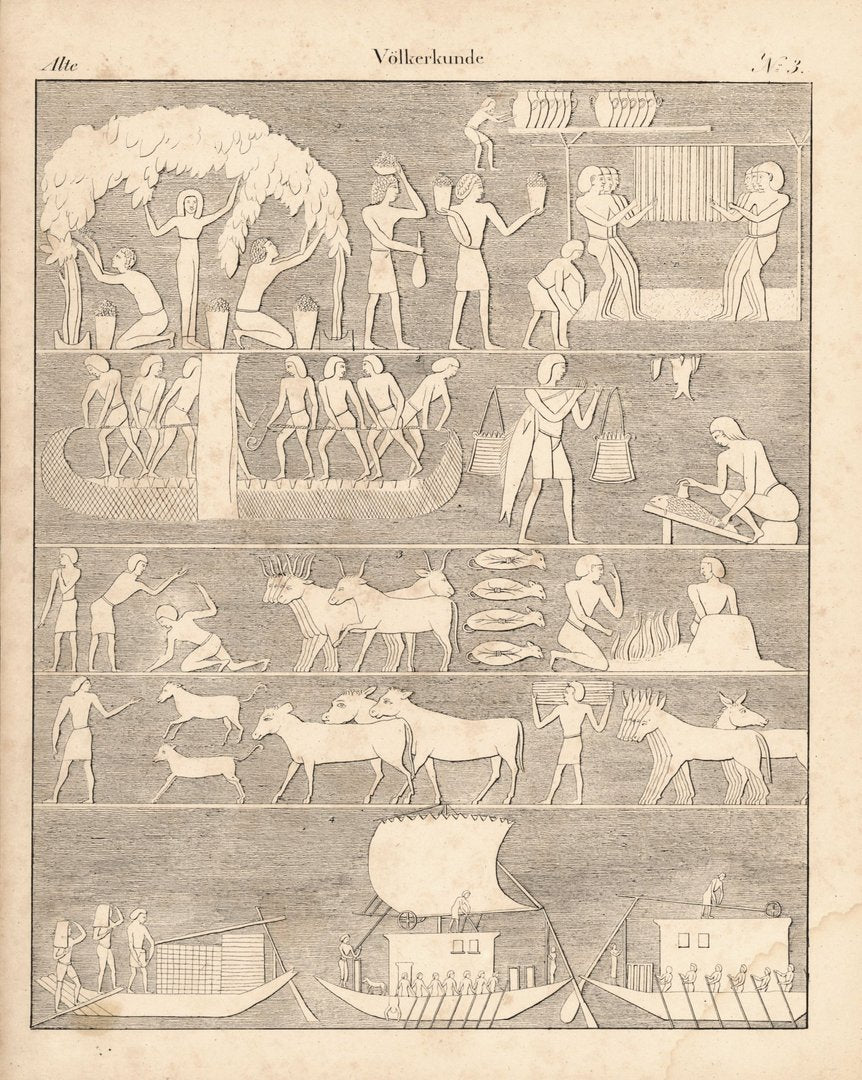 Alte Völkerkunde Nr. 3, Ägypter, Weinlese, Fischfang u.a. Lithografiertes Blatt von 1830.