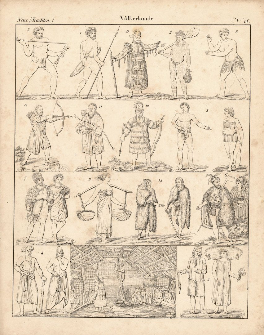Malayische, Kaukasische Stämme, Völkerkunde Nr. 18. Lithografiertes Blatt von 1830.