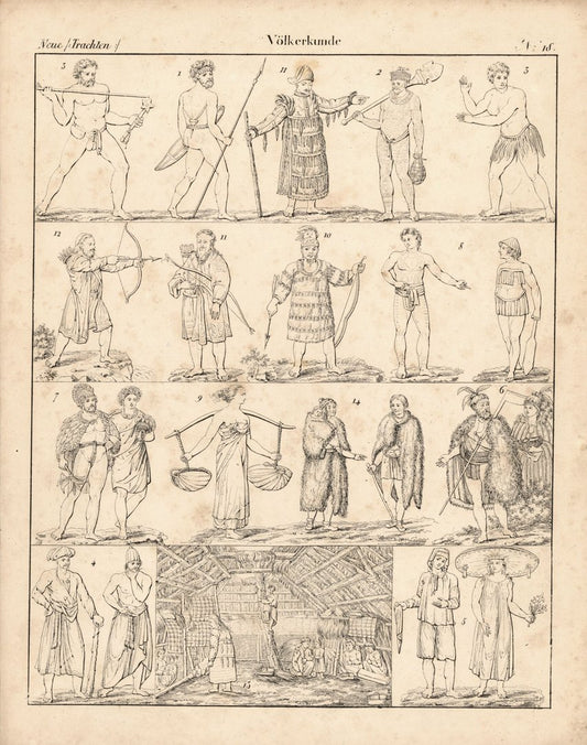 Malayische, Kaukasische Stämme, Völkerkunde Nr. 18. Lithografiertes Blatt von 1830.