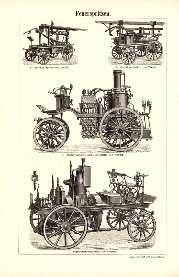 Feuerschutz, Feuerspritzen. Buchillustration (Stich) von 1895
