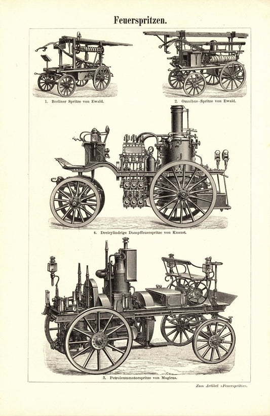 Feuerschutz, Feuerspritzen. Buchillustration (Stich) von 1895
