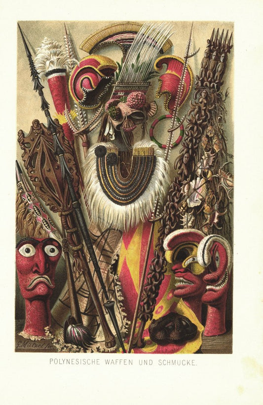 Polynesische Waffen und Schmuck. Lithografie von 1886