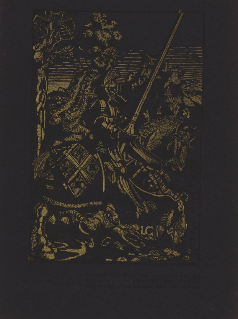 Der heilige Georg sprengt über den erschlagenen Drachen. Buchillustration von 1910