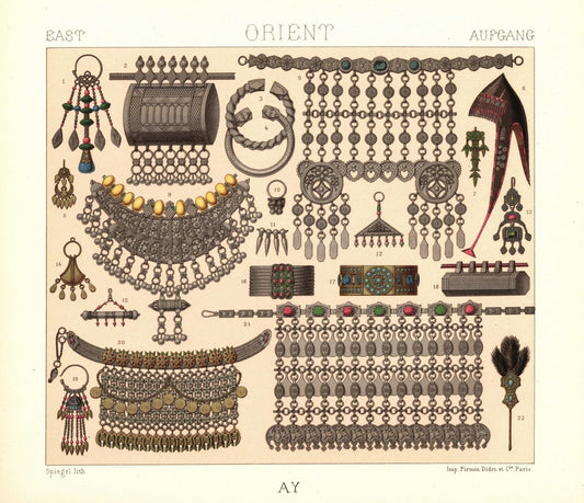 Orient. Schmuck im asiatischen Stil, getragen in Turkistan, Ägypten. Lithografie von 1888. (T463)