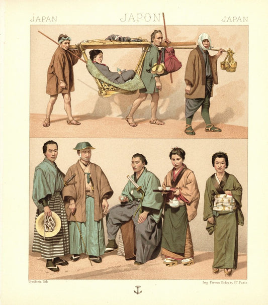 Japan. Zivile Kleidung, Transportmittel, Sänfte. Lithografie von 1888. (T100)