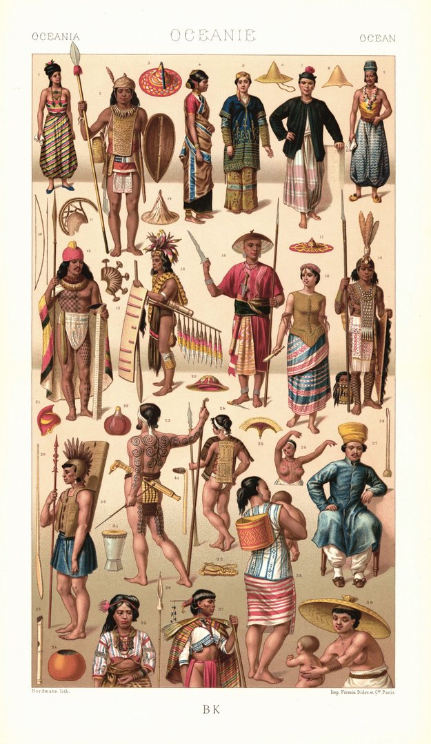 Ozeanien. Mikronesien, Polynesien, Malaiischer Archipel . Lithografie von 1888. (T63)