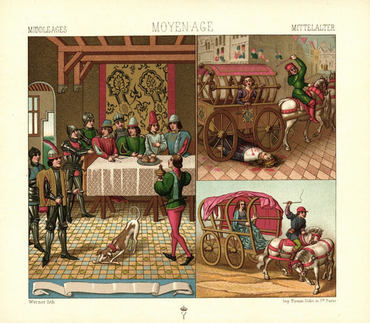 Mittelalter. 14.-15. Jhd. Inneres eines herrschaftlichen Schlosses. Lithografie von 1888. (T216)