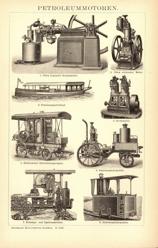 Petroleummotoren. Buchillustration (Stich) von 1897