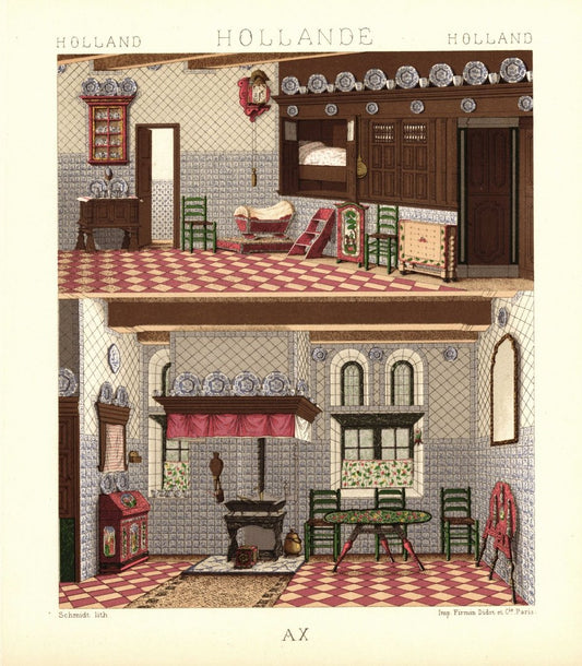 Holland. Traditionelles Friesenhaus. Innenraum. Lithografie von 1888. (T424)