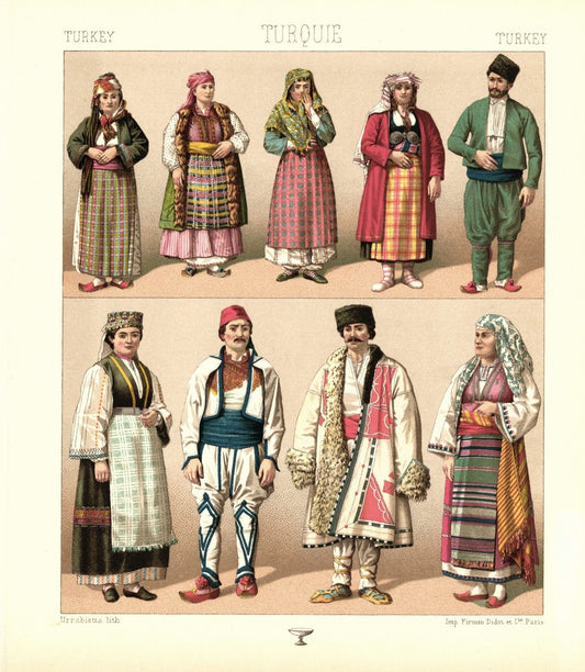 Europäische Türkei. Griechische und bulgarische Bauern, Volkstrachten. Lithografie von 1888. (T461)