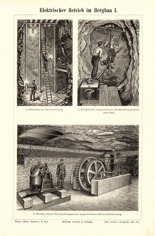 Elektrischer Betrieb im Bergbau. Buchillustration (Stich) von 1898