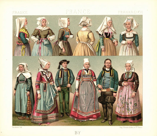 Frankreich. Bretagne, Brautpaar aus Kerfeunteun u.a. Männer und Frauen. Lithografie von 1888. (T494)