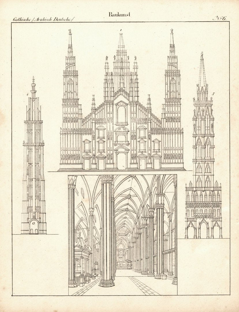 Gothische, arabische, deutsche Baukunst Nr.6. Lithografiertes Blatt von 1830.