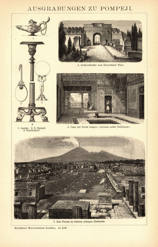 Ausgrabungen zu Pompeji. Buchillustration (Stich) von 1897