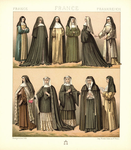 Frankreich. Nonnentrachten, geistliche Orden, Novizin u.a. 17. Jhd. Lithografie von 1888. (T334)