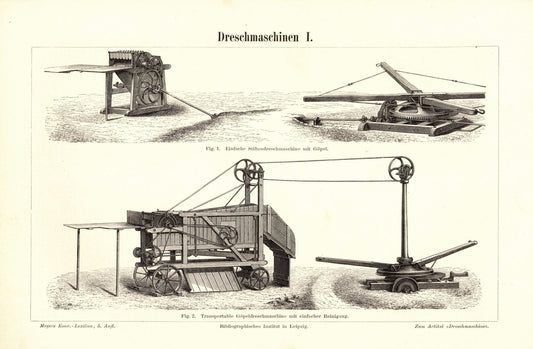 Dreschmaschinen I-II. Buchillustration (Stich) von 1895