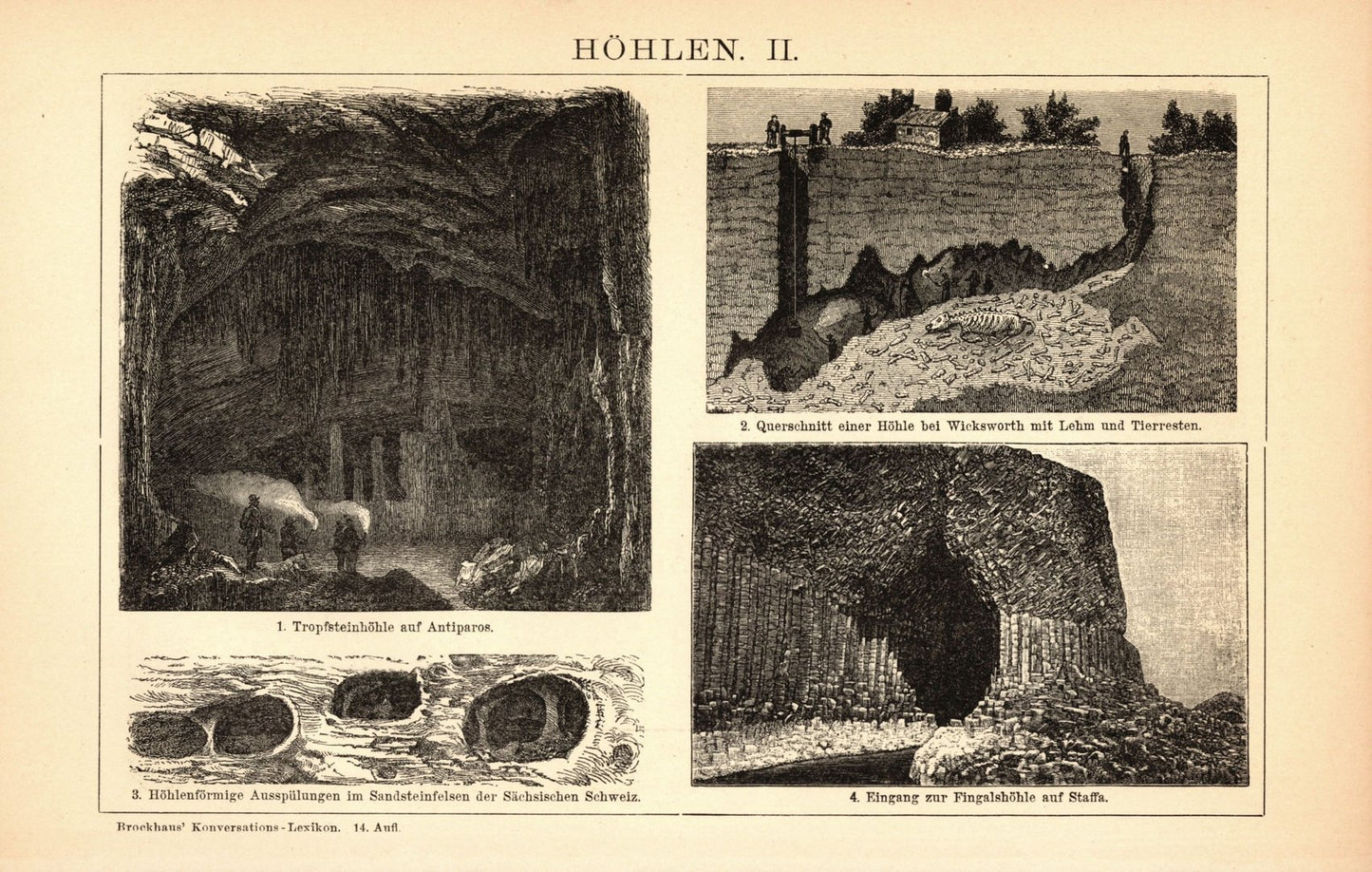 Höhlen. Buchillustration (Stich) von 1897