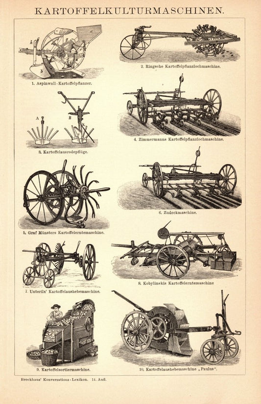 Kartoffelkulturmaschinen. Buchillustration (Stich) von 1897