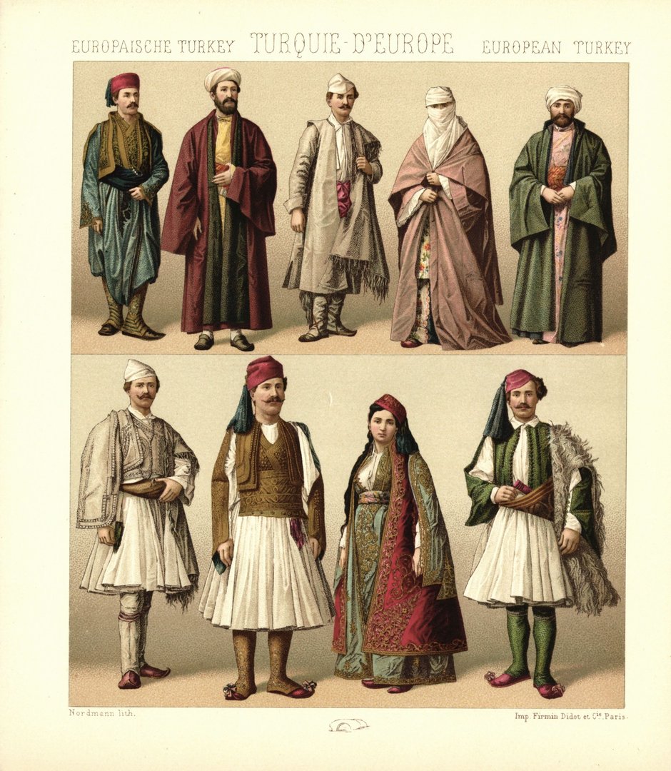 Europäische Türkei. Arnauten, reiche und arme Schichten. Lithografie von 1888. (T464)