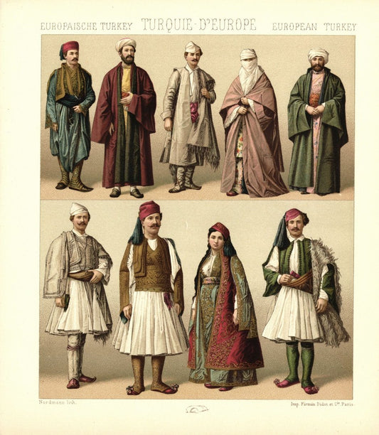 Europäische Türkei. Arnauten, reiche und arme Schichten. Lithografie von 1888. (T464)