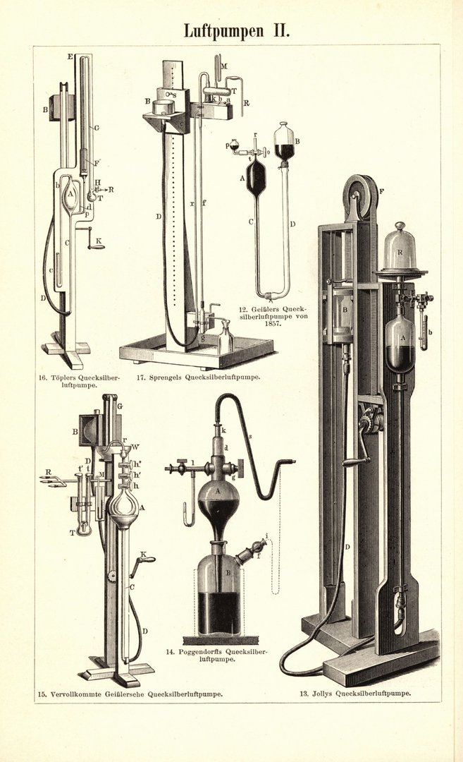 Luftpumpen. Buchillustration (Stich) von 1896