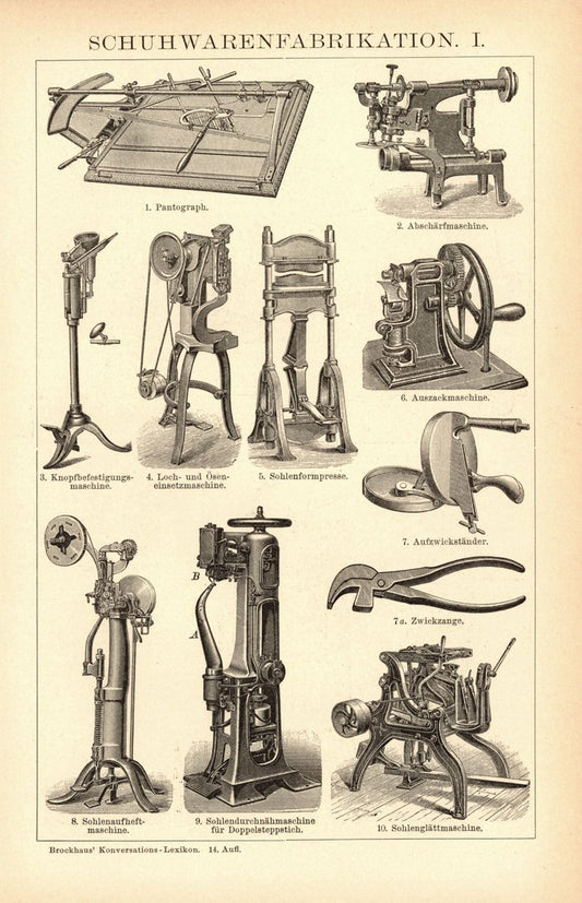 Schuhwarenfabrikation. Buchillustration (Stich) von 1897