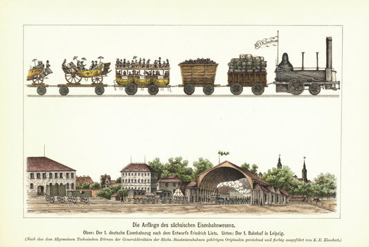 Die Anfänge des sächsischen Eisenbahnwesens, Bahnhof in Leipzig. Lithografie von 1902