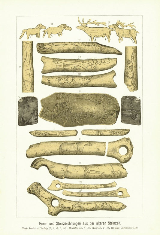 Horn- und Steinzeichnungen aus der älteren Steinzeit. Lithografie von 1905