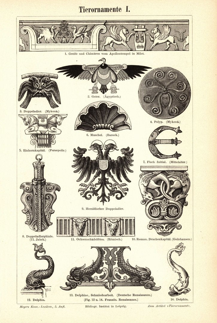 Tierornamente. Buchillustration (Stich) von 1897