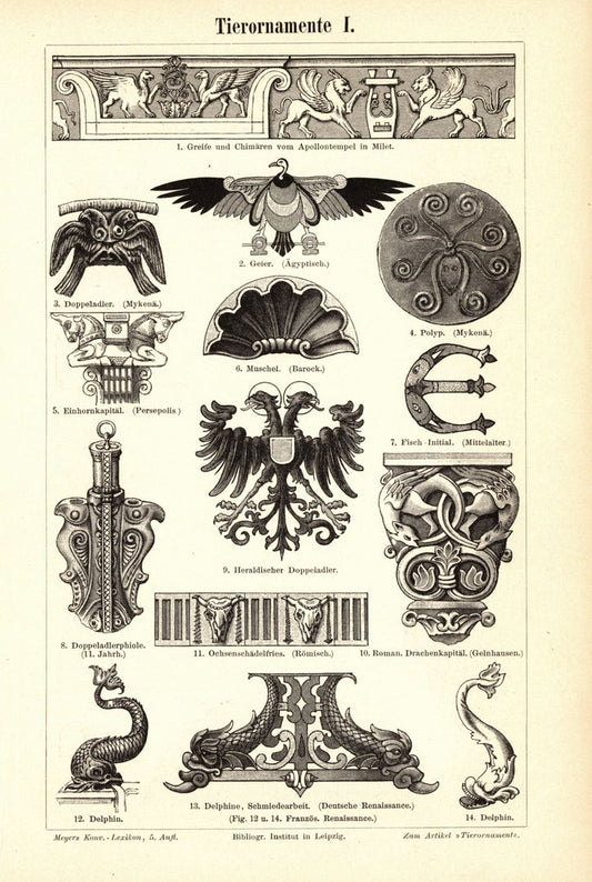 Tierornamente. Buchillustration (Stich) von 1897