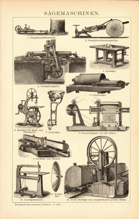 Sägemaschinen. Buchillustration (Stich) von 1897