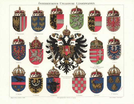 Österreichisch-Ungarische Länderwappen. Lithografie von 1896