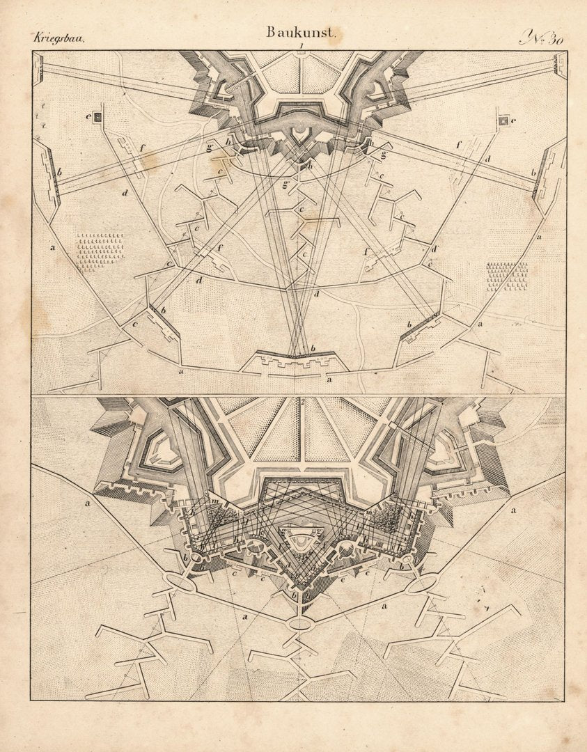 Kriegsbau , Baukunst. Nr. 30. Festungsbau. Lithografiertes Blatt von 1830.