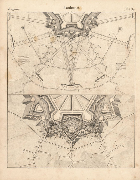 Kriegsbau , Baukunst. Nr. 30. Festungsbau. Lithografiertes Blatt von 1830.