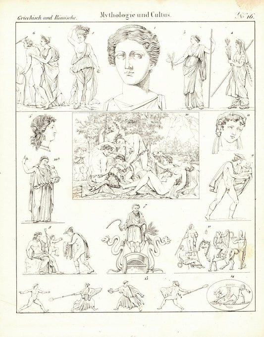 Mythologie und Cultus Nr. 16. Griechisch und Römisch. Lithografiertes Blatt von 1830.