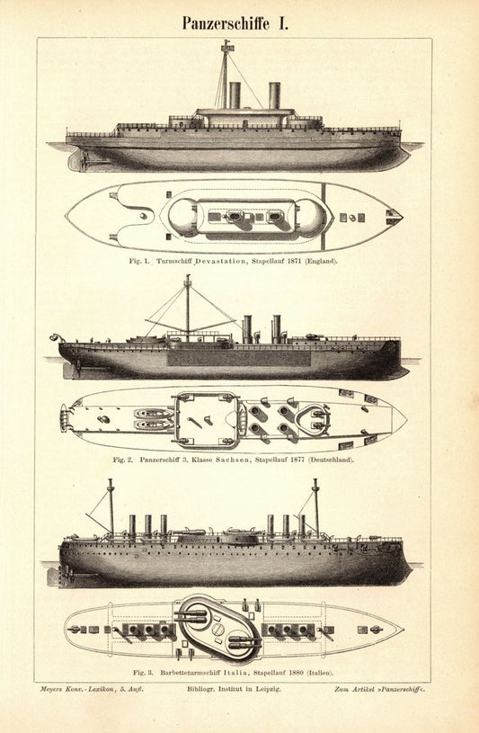 Panzerschiffe. Buchillustration (Stich) von 1897
