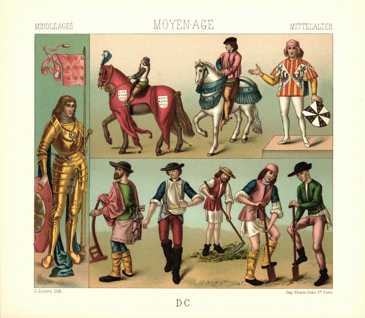 Mittelalter. 15.Jhd. Rittertrachten, Bauern, Bannerträger.  Lithografie von 1888. (T222)