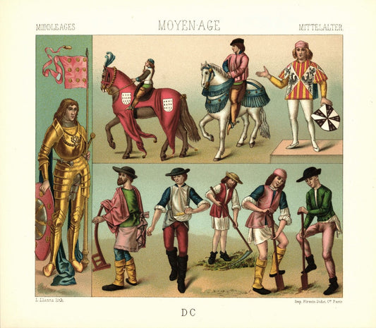 Mittelalter. 15.Jhd. Rittertrachten, Bauern, Bannerträger.  Lithografie von 1888. (T222)