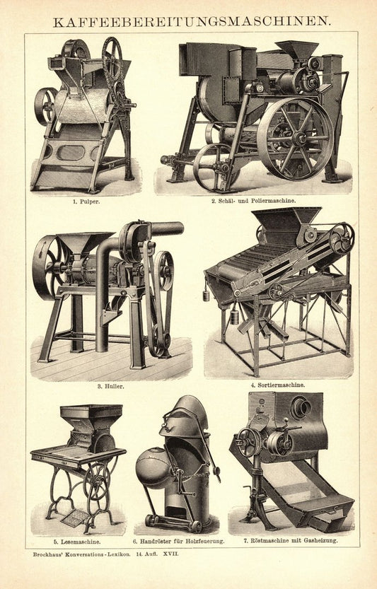 Kaffeebereitungsmaschinen. Buchillustration (Stich) von 1897