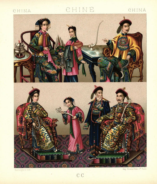 China. Festliche Hauskleidung, Kaiser, Kaiserin. Lithografie von 1888. (T85)