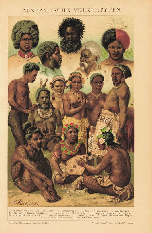 Australische Völkertypen. Lithografie von 1920