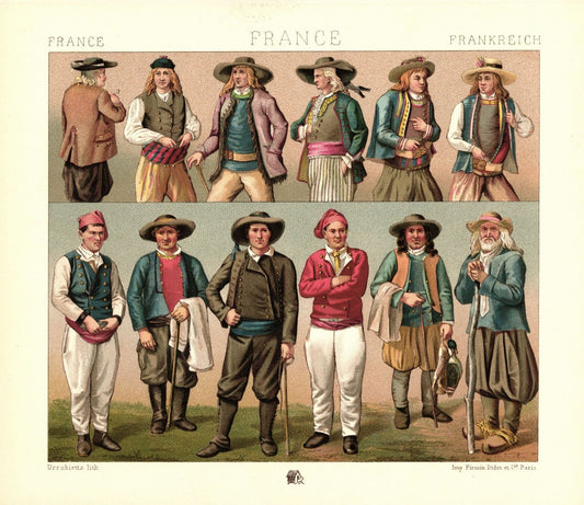 Frankreich. Departement Finistere. Festliche Kleidung, Arbeitsbekleidu. Lithografie von 1888. (T493)