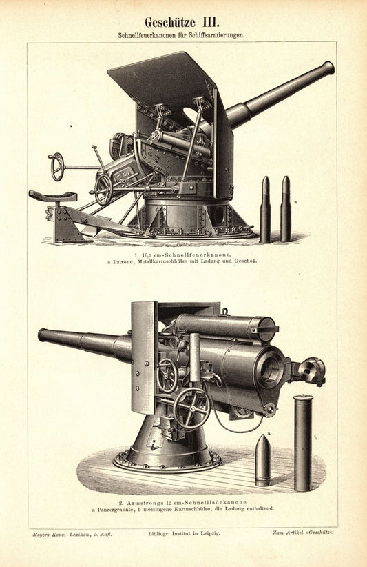 Geschütze III-IV, Schiffsarmierung. Buchillustration (Stich) von 1895
