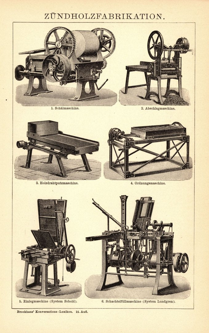 Zündholzfabrikation. Buchillustration (Stich) von 1897