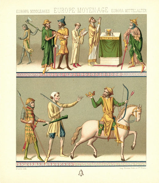 Frankreich. Zivile, militärische Kleidung, Trachten von Geistlichen. Lithografie von 1888. (T187)